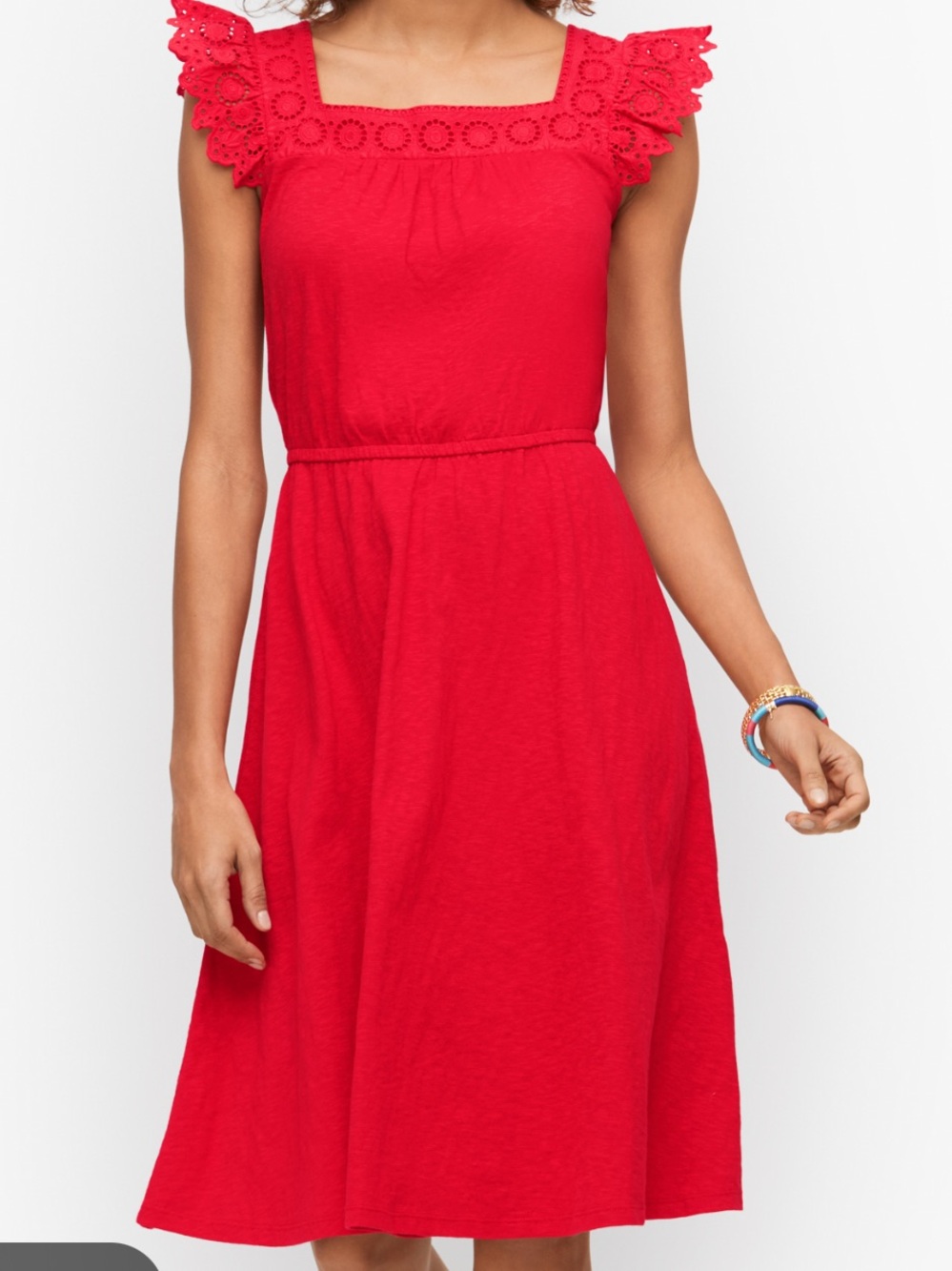 Talbots Red Eyelet Flutter Sleeve Square Neck Midi Dress, Size Medium